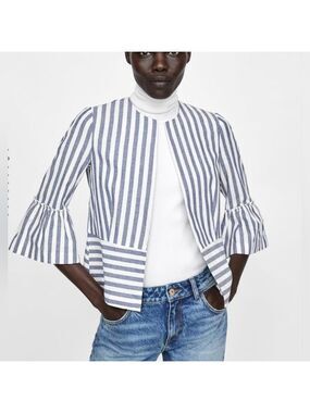 Zara Basics Blue and White Striped Open Jacket Sz. XS Cotton